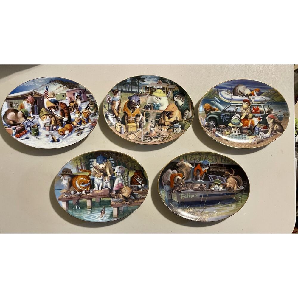 5 Franklin Mint Cool Cats Original Work By Bryan Moon Collector Oval Plate 24KT